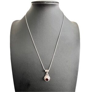 Sterling Silver and Garnet Round Dangle Necklace, 18”